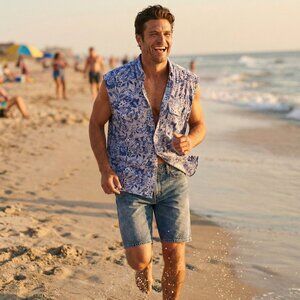 Vintage International Male Blue Floral Cotton Sleeveless Shirt Small Coastal HTF